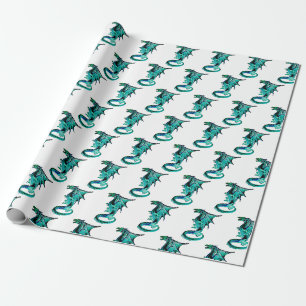 Papier Cadeau Dragon Fantastique Bleu Fond Blanc Mythique