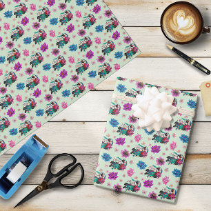 Papier Cadeau Dragon Géisha Asiatique Cerisiers en Fleur Bleu