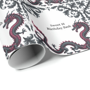 Papier Cadeau Dragon noir fantaisiste en damassé rouge pour une 
