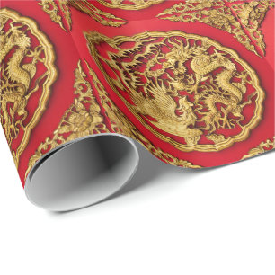 Papier Cadeau Dragon Phoenix Red Gold Mariage chinois