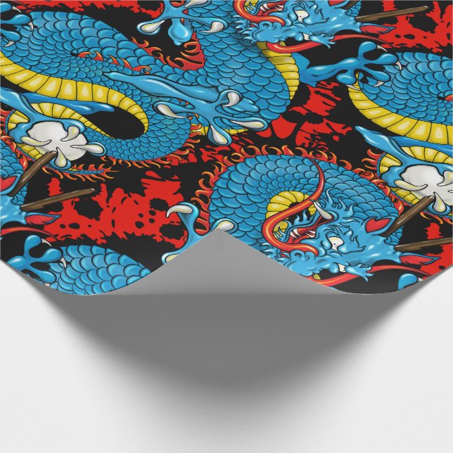 Papier Cadeau Dragon Tattoo Art en rouge et bleu (Coin)