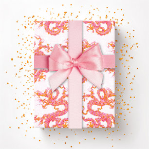 Papier Cadeau Dragon Tourbillonnant en Rose et Orange