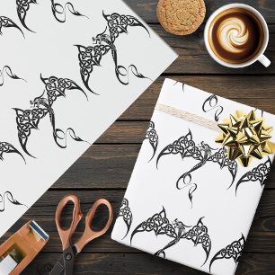 Papier Cadeau Dragon Tribal Celtique Entrelacs Noir Blanc Fantas