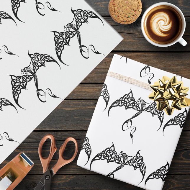 Papier Cadeau Dragon Tribal Celtique Entrelacs Noir Blanc Fantas (Créateur téléchargé)