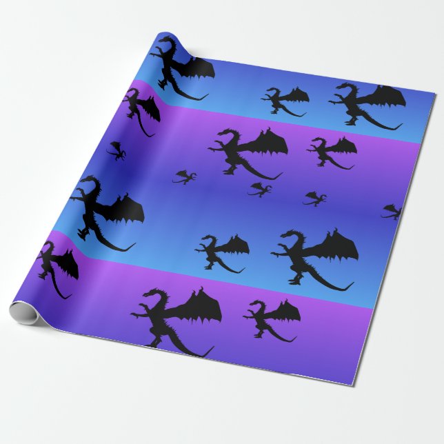 Papier Cadeau Dragon volant Silhouette violet bleu (Déroulé)