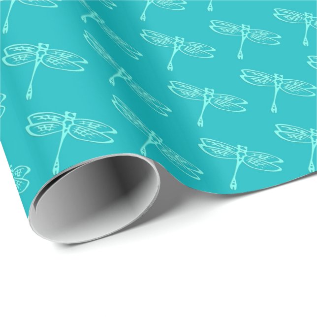 Papier Cadeau Dragonflies, aqua pâle sur turquoise (Coin rond)