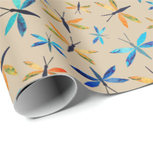 Papier Cadeau Dragonflies Bleues Oranges Taupe Dragonfly Dessiné
