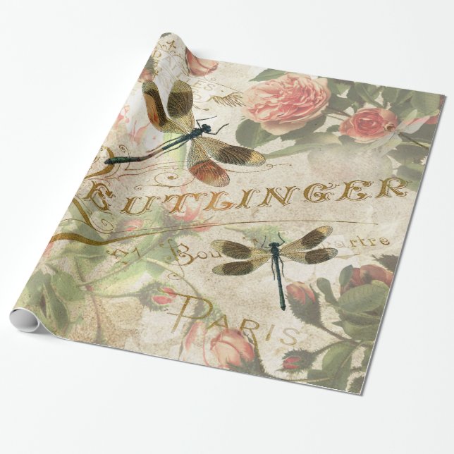 Papier Cadeau Dragonflies vintages et Roses Découpage d'envelopp (Déroulé)