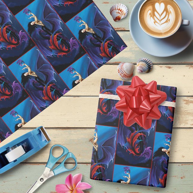 Papier Cadeau Dragons gothiques bleus Sirène Fantastique Violet (Créateur téléchargé)