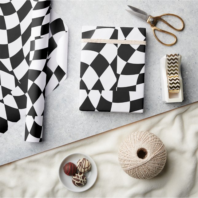 Papier Cadeau Drapeau à carreaux noir et blanc ondulé de course (Créateur téléchargé)