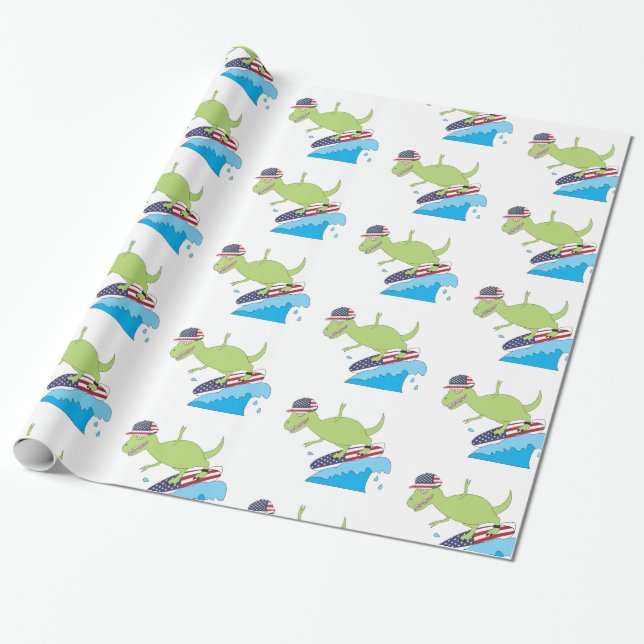 Papier Cadeau Drapeau américain Dinosaur Surfing (Déroulé)