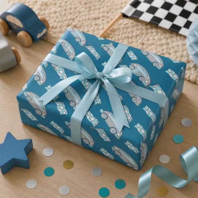 Papier Cadeau Drapeau bleu de voiture de course pour enfants (Créateur téléchargé)