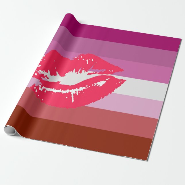 Papier Cadeau Drapeau de fierté lesbienne au rouge à lèvres (Déroulé)
