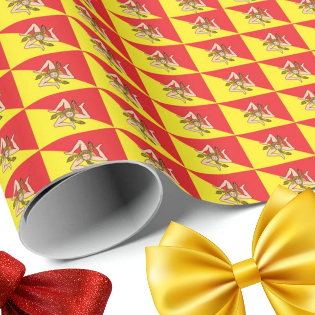 Papier Cadeau Drapeau de la Sicile Répétition Imprimée Trinacria (Flag of Sicily Trinacria Red and Yellow Repeat Wrapping Paper Sicilian Heritage Gift Wrap)