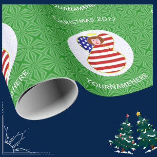 Papier Cadeau Drapeau de Noël ange aux cheveux roux USA personna