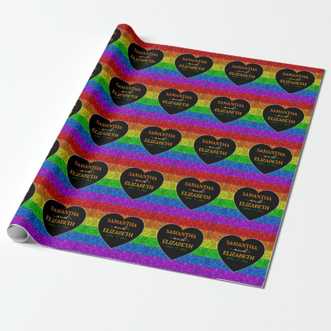 Papier Cadeau Drapeau LGBT coeur arc-en-ciel scintille mariage g (Déroulé)