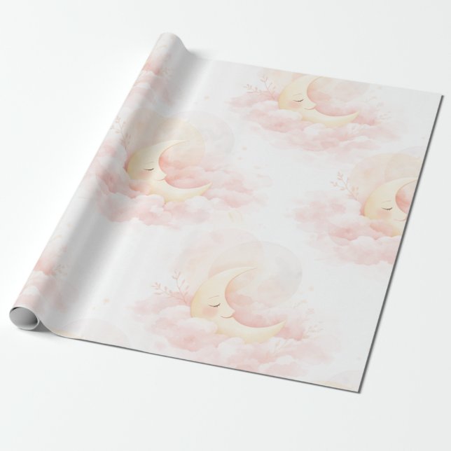 Papier Cadeau Dreamy Pink Moon Baby Shower Wrapping Paper, Cute  (Déroulé)