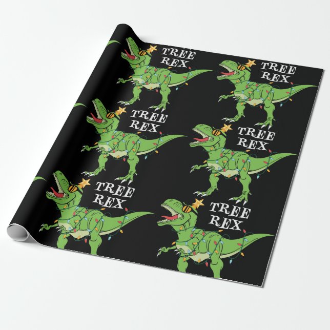 Papier Cadeau Drôle arbre de Noël Rex Dinosaur (Déroulé)