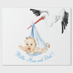 Papier cadeau drôle avec cigogne et bébé - Texte p