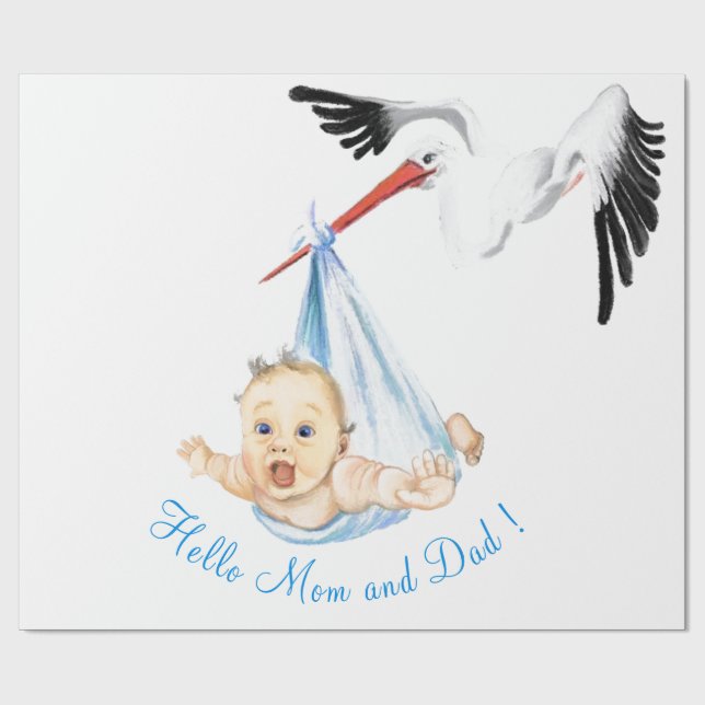 Papier cadeau drôle avec cigogne et bébé - Texte p (Plat)