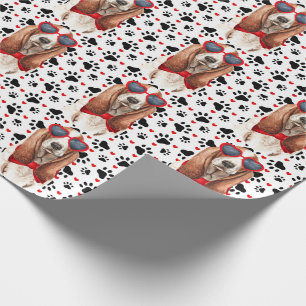 Papier Cadeau Drôle Basset Hound Dog Love Red Hearts and Paws