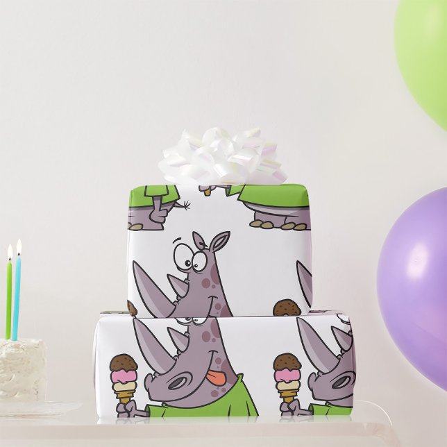 Papier Cadeau Drôle Cartoon Rhino Manger de la crème glacée mign (Créateur téléchargé)