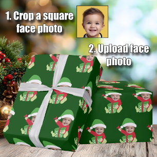 Papier Cadeau Drôle de visage d'enfant lutin de Noël personnalis