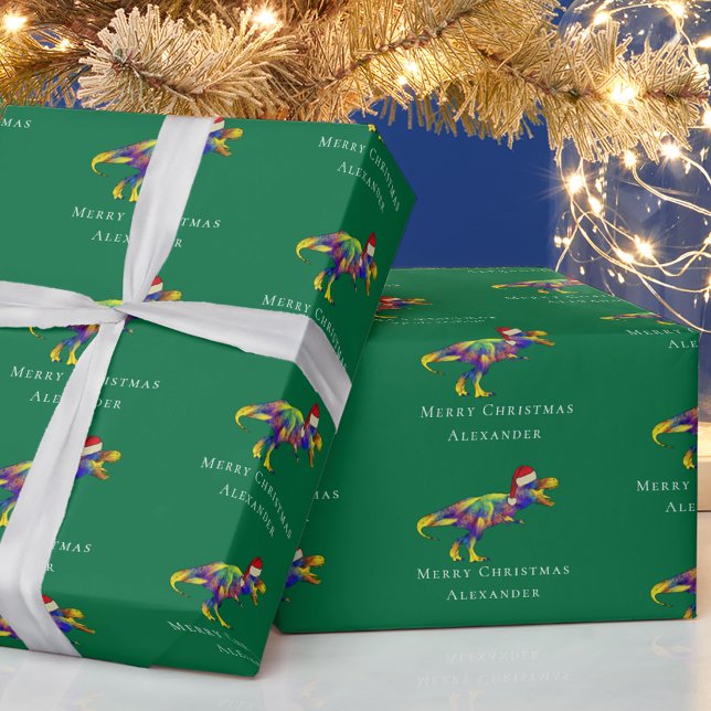 Papier Cadeau Drôle Dinosaure Joyeux Noël Personnalisé (Funny christmas T-Rex colorful dinosaur personalized boy name green holiday gift wrapping paper)