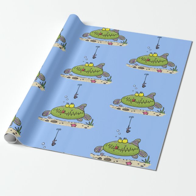 Papier Cadeau Drôle gras affamé poisson vert dessin de pêche (Déroulé)