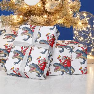 Papier Cadeau Drôle Joyeux Dinosaure de Noël Père Noël