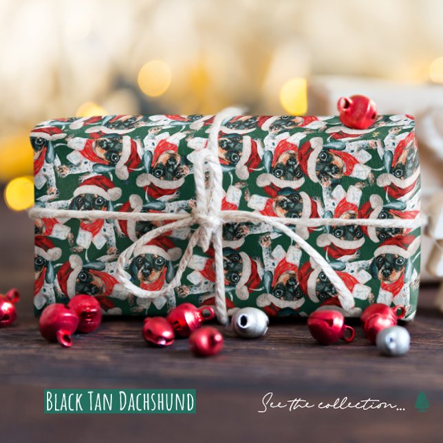Papier Cadeau Drôle motif de Noël de chiot teckel noir et feu (Créateur téléchargé)