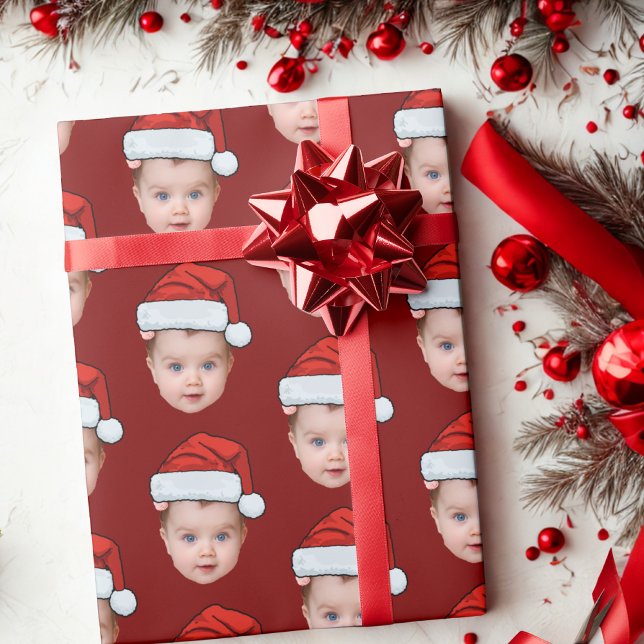 Papier Cadeau Drôle personnalisé bébé visage photo Père Noël Hea (Créateur téléchargé)