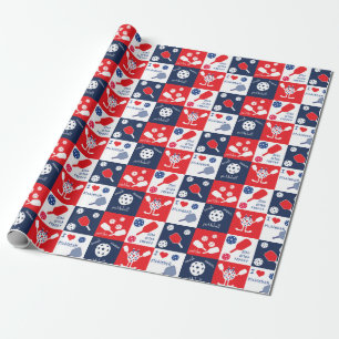 Papier Cadeau Drôle Pickleball Rouge Blanc Bleu Motif