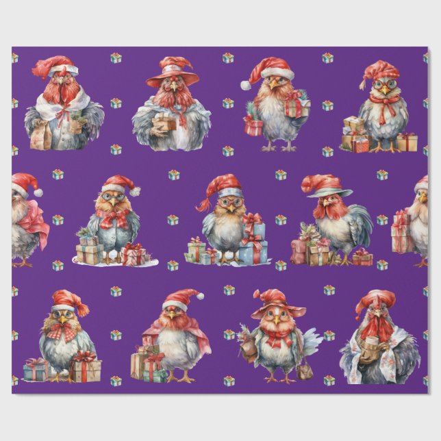 Papier Cadeau Drôle Poulet Noël Vacances Magasins Purple (Plat)