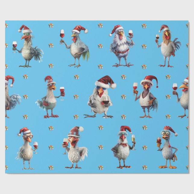 Papier Cadeau Drôle Poulet Noël Vacances Vins Fête Bleu (Plat)