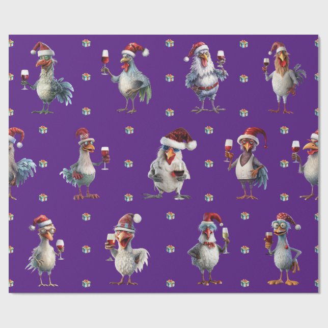 Papier Cadeau Drôle Poulet Noël Vacances Vins Fête Purple (Plat)