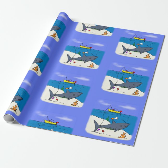 Papier Cadeau Drôle requin couché et dessin animé de pêche (Déroulé)