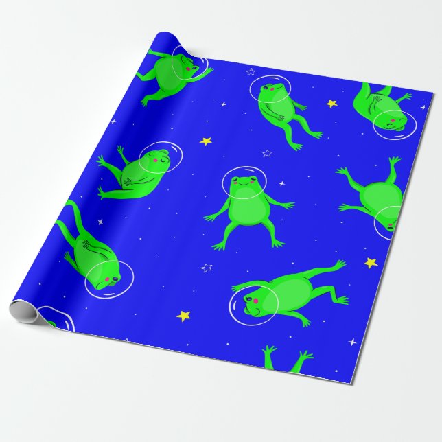 Papier Cadeau drôles astronautes grenouilles espace bleu (Déroulé)