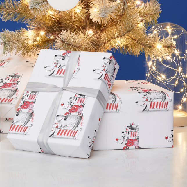 Papier Cadeau Drôles de chiens mignons festifs Joyeux Noël  (Vacances)