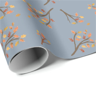 Papier Cadeau Dusty Blue Automne Branche Feuilles Automne