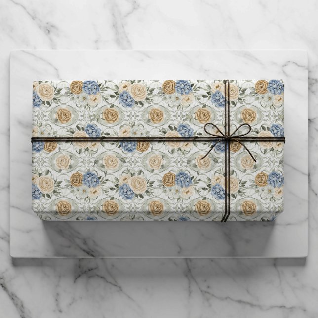 Papier Cadeau Dusty Blue Floral Wedding Gift Wrapping Paper (Créateur téléchargé)