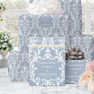 Papier Cadeau Dusty Blue White Damask Ajouter nom et félicitatio