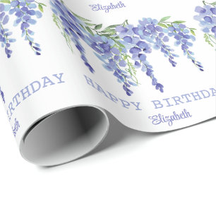 Papier Cadeau Dusty Blue Wisteria Floral Joyeux anniversaire