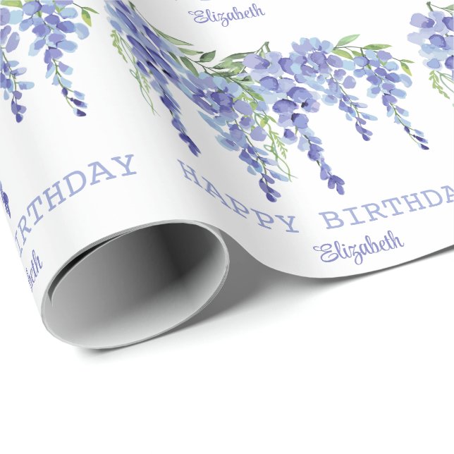 Papier Cadeau Dusty Blue Wisteria Floral Joyeux anniversaire (Coin rond)