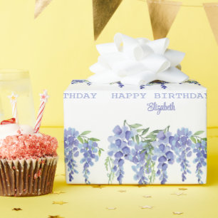 Papier Cadeau Dusty Blue Wisteria Floral Joyeux Anniversaire Wra