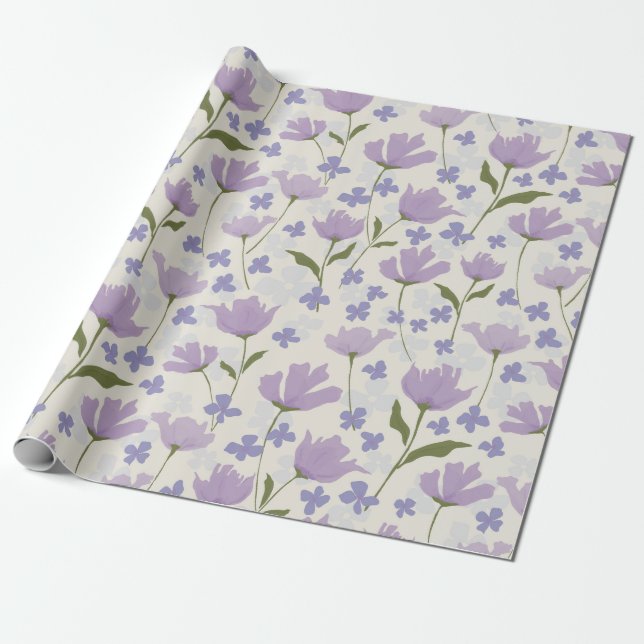 Papier Cadeau Dusty Purple et Crème Joli motif floral (Déroulé)