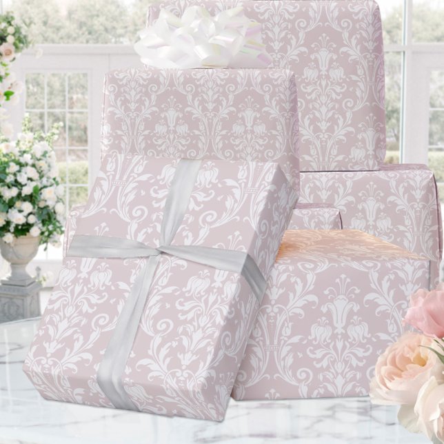 Papier Cadeau Dusty Rose Blanc Damask Mariage élégant (Créateur téléchargé)