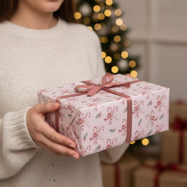 Papier Cadeau Dusty Rose Pink Candy Cane Coquette Bows Christmas (Créateur téléchargé)