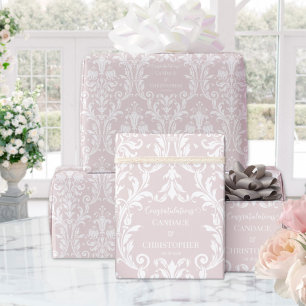 Papier Cadeau Dusty Rose White Damask Ajouter nom et félicitatio
