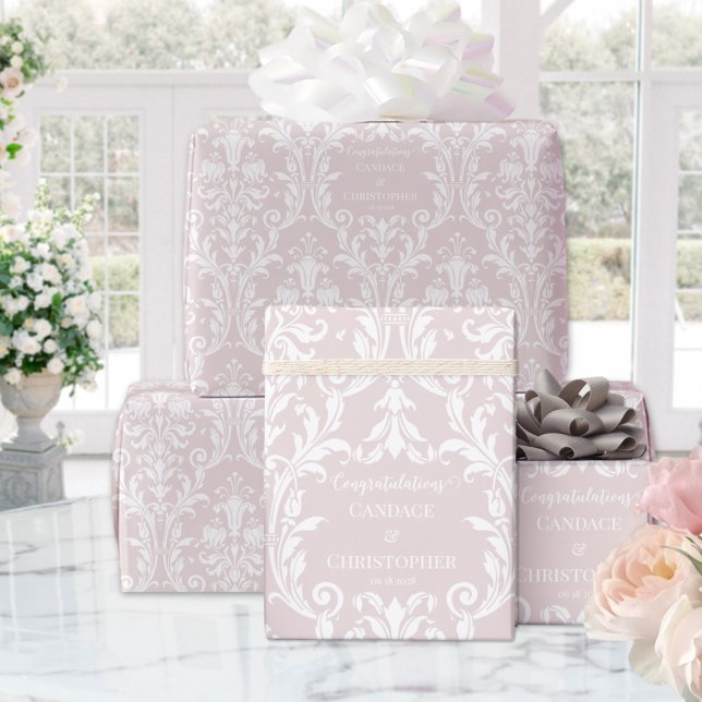 Papier Cadeau Dusty Rose White Damask Ajouter nom et félicitatio (Créateur téléchargé)